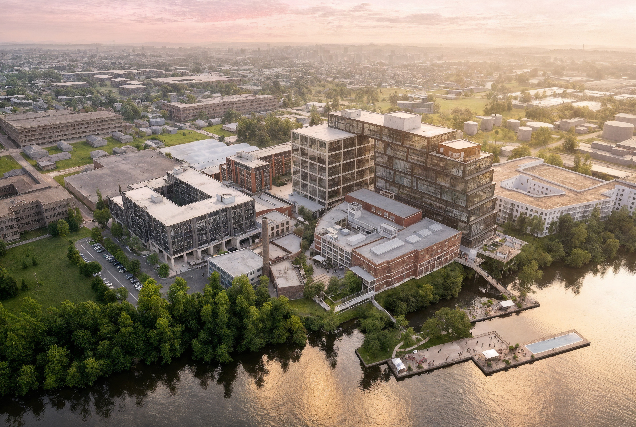 Aerial rendering of full Neuhoff campus with Block 3